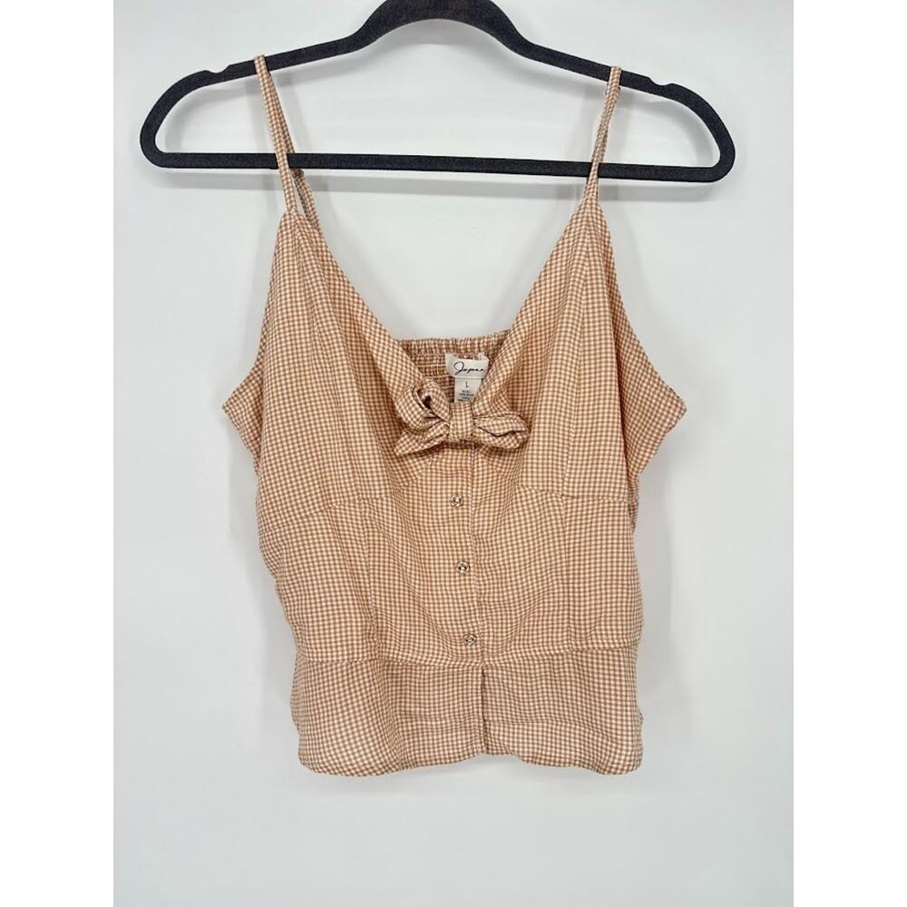 Japna Micro Gingham Tank Top Size Large Button Country Festival Ranch Tan White
